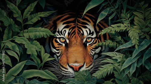Tiger framed by dense tropical foliage  a glimpse into its secret world  Ai Generative
