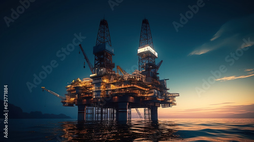 Oil drilling rig in the middle of the sea sunset time © EmmaStock