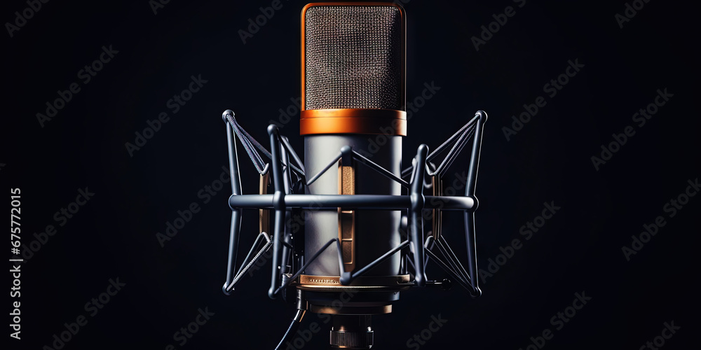 Closeup of professional microphone with dark uniform backdrop. Generative AI Closeup of professional microphone with dark uniform backdrop. Generative AI