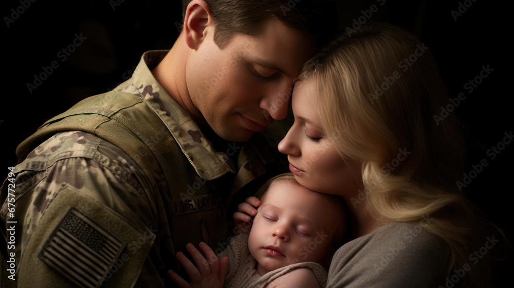 Warm soldiers and family's wife outside the home Warm soldiers and family's wife outside the home