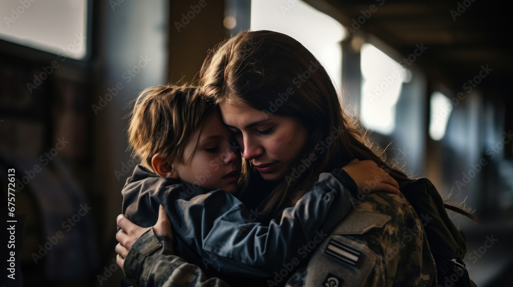 woman soldier with son inside the building woman soldier with son inside the building