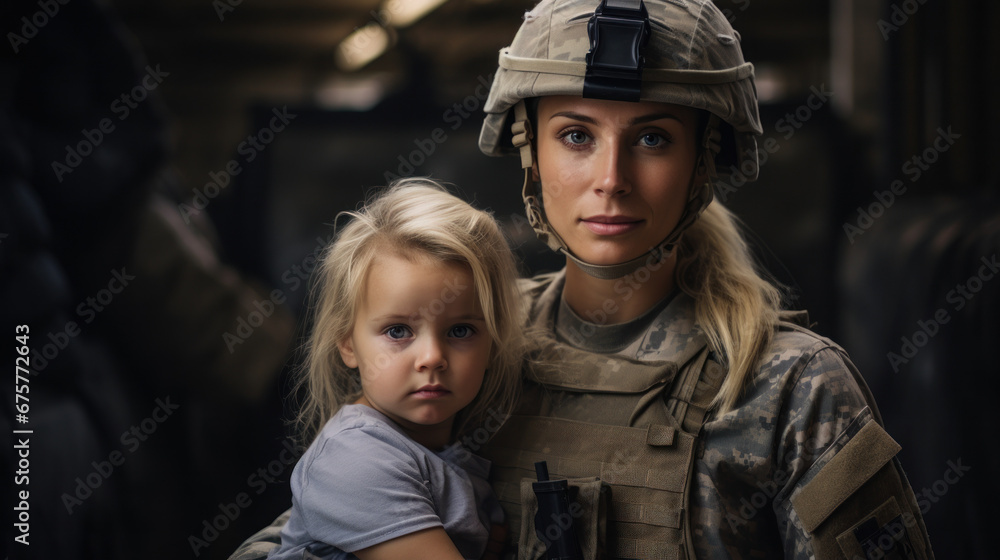 woman soldier with son inside the building woman soldier with son inside the building