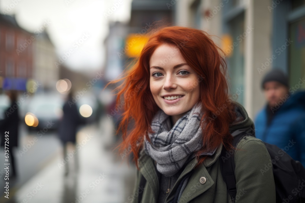 Redhead woman in the city at the day time. Shallow DOF