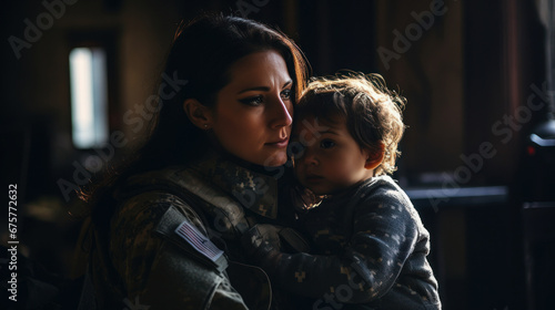 woman soldier with son inside the building photo