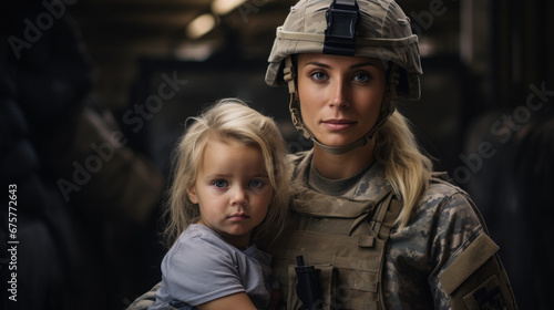 woman soldier with son inside the building