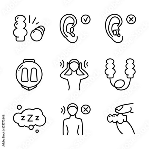 Earplugs flat line icons set. Healthy sleep without snore, ear safety illustrations. Signs for medical store. Linear style symbols isolated on white background