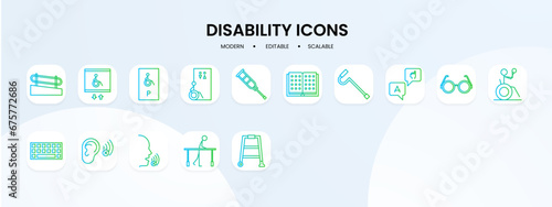 Disability icon collection with blue and green gradient outline style. disability, disabled, collection, accessibility, people, care, handicap. Vector Illustration