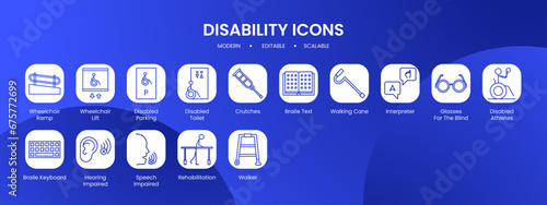 Disability icon collection with black filled line outline style. disability, disabled, collection, accessibility, people, care, handicap. Vector Illustration