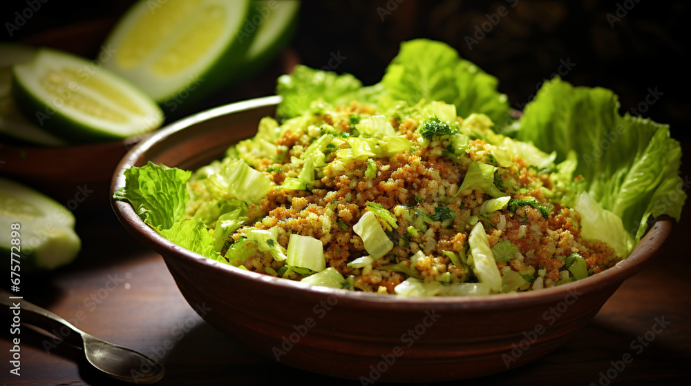 Kisir - Bulgur salad with cumin and romaine lettuce.