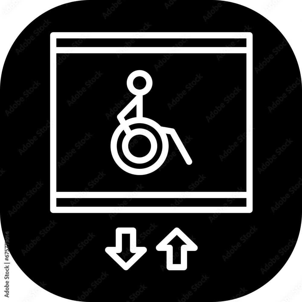 Wheelchair lift disability icon with black filled line outline style. lift, wheelchair, disability, disabled, ramp, accessibility, mobility. Vector Illustration
