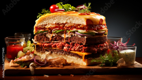 Una imagen que destaca las diferentes texturas y capas de un plato, como un corte transversal de una hamburguesa o una tarta. photo