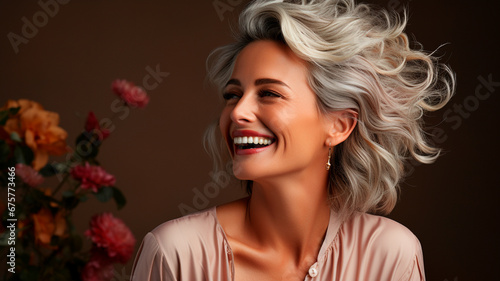 Hermosa hermosa 50s mediados de la edad hermosa anciana modelo de mujer con el pelo gris riendo y sonriendo. Madura anciana cerca retrato. Cara sana cuidado de la piel belleza, cuidado de la piel cosm