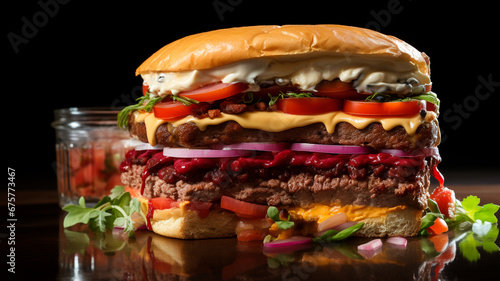 Una imagen que destaca las diferentes texturas y capas de un plato, como un corte transversal de una hamburguesa o una tarta. photo