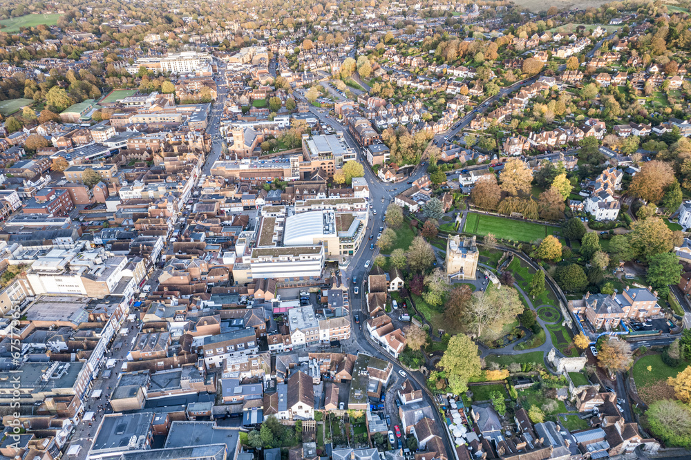beautiful aerial view of the Guildford Castle and town center of Guildford, Surrey, United Kingdom
