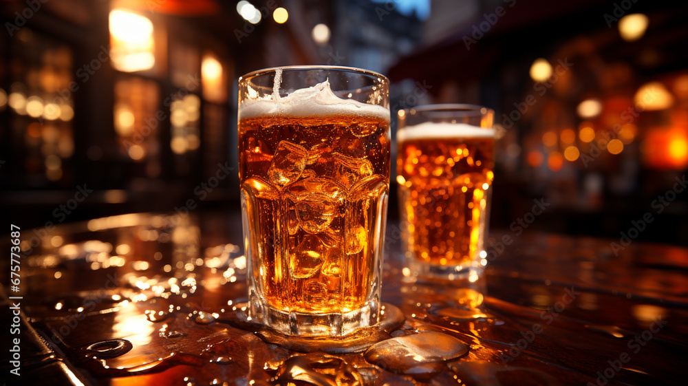 Cerveza fría vertida en vaso desde grúa en fondo de pub - obrazy, fototapety, plakaty 