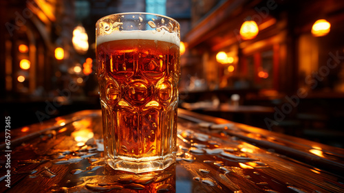 Cerveza fría vertida en vaso desde grúa en fondo de pub