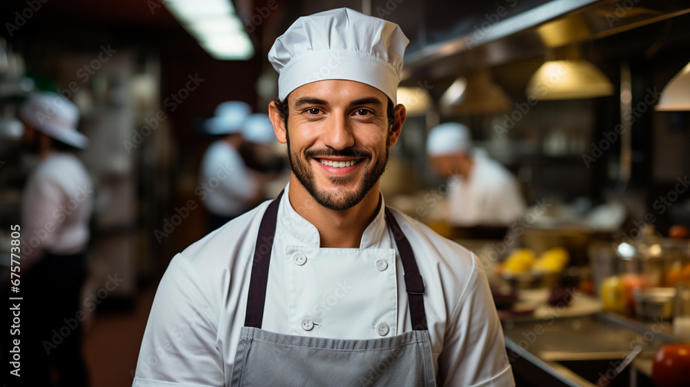 Fotografía de un joven barbudo vestido con uniforme de cocinero, con gorro de cocinero, sonriendo mientras mira directamente a la cámara. - obrazy, fototapety, plakaty 