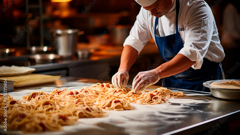 Fotografía de un experto cocinero preparando pasta en una cocina profesional bien equipada. - obrazy, fototapety, plakaty 