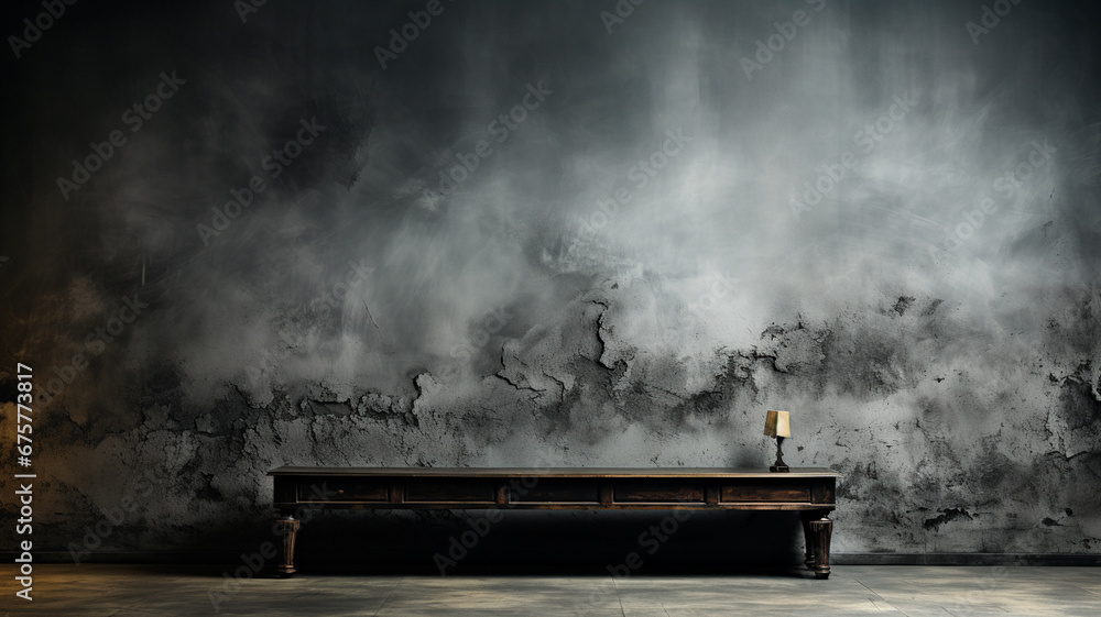 Pared de cemento abstracto oscuro vacío y sala de estudio con humo flotan textura interior para productos de exhibición de fondo de la pared. - obrazy, fototapety, plakaty 