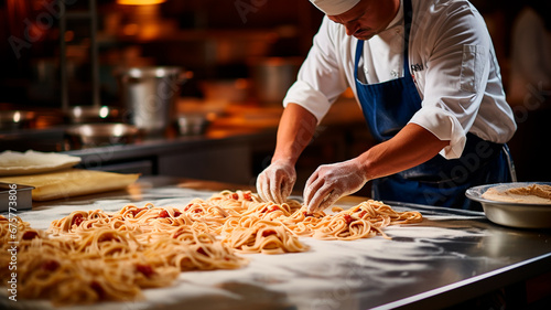 Fotografía de un experto cocinero preparando pasta en una cocina profesional bien equipada. photo