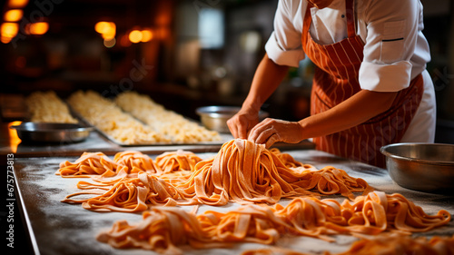 Fotografía de un experto cocinero preparando pasta en una cocina profesional bien equipada.