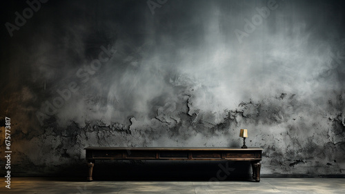 Pared de cemento abstracto oscuro vacío y sala de estudio con humo flotan textura interior para productos de exhibición de fondo de la pared. photo