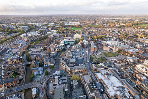 amazing aerial view of the downtown center high street of Guildford  Famous town near london  England