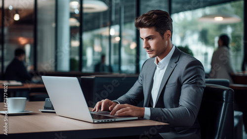 Fotografía de un joven empresario concentrado y serio en un entorno de oficina, sentado en un escritorio con un ordenador portátil abierto, profundamente absorto en un nuevo proyecto.