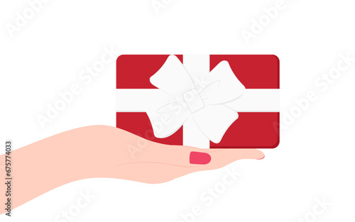 Red gift box with bow. Female arm holds surprise in holiday wrapping. Romantic surprise. Birthday presents. Vector illustration.