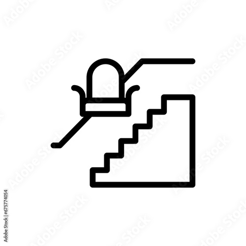 Stair lift disability icon with black outline style. staircase, equipment, chair, stairs, senior, disability, lift. Vector Illustration
