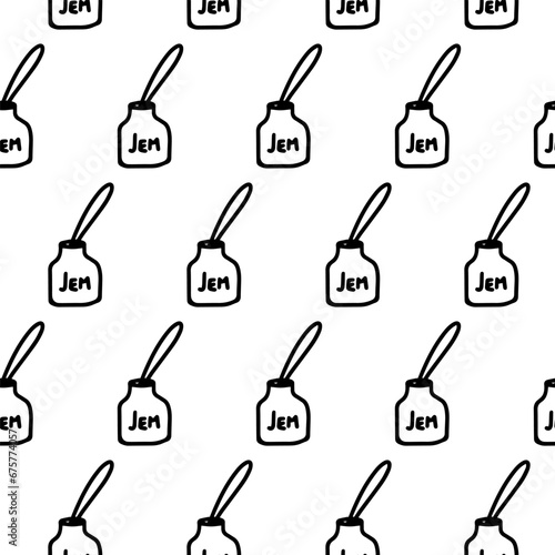 Jar of jam seamless pattern. Doodle pattern with jar of jam isolated on white. Jar of jam wrapper, wallpaper for caffe or restaurant decoration menu. Hand drawn jar of honey outline coloring page
