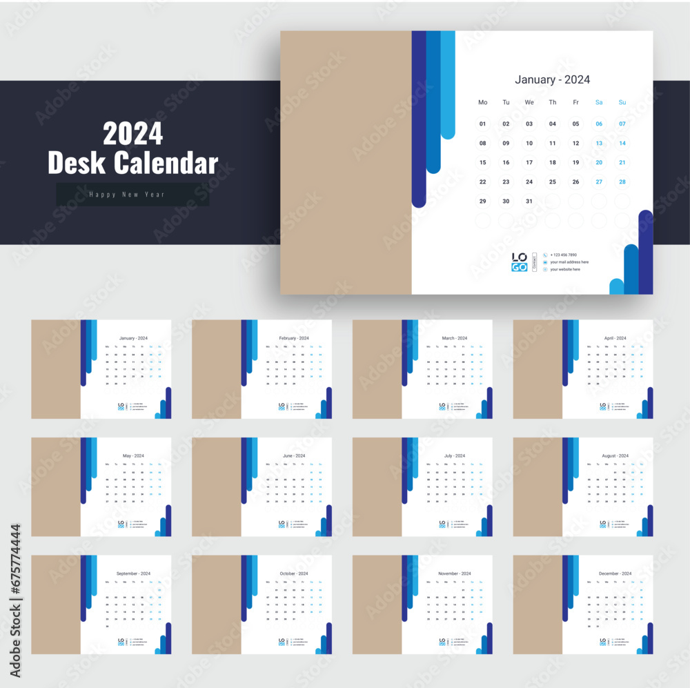 Desk Calendar 2024 Template, 
Modern and Creative Calendar Design