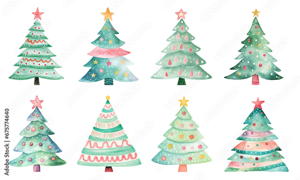 Set of Cute Vector Watercolor Christmas Trees, Evoking the Innocence and Joy of Children's Drawing in a Festive Festoon of Holiday Chee, Generative AI