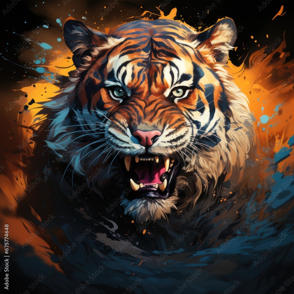 A painting of a tiger with its mouth open.