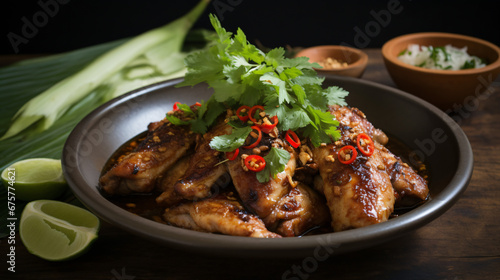 Lemongrass chicken served with chili paste in Thailand