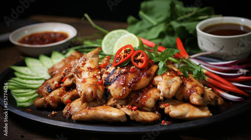 Lemongrass chicken served with chili paste in Thailand