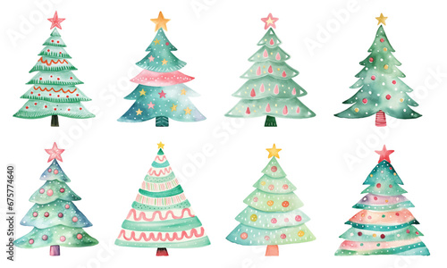 Set of Cute Vector Watercolor Christmas Trees, Evoking the Innocence and Joy of Children's Drawing in a Festive Festoon of Holiday Chee, Generative AI