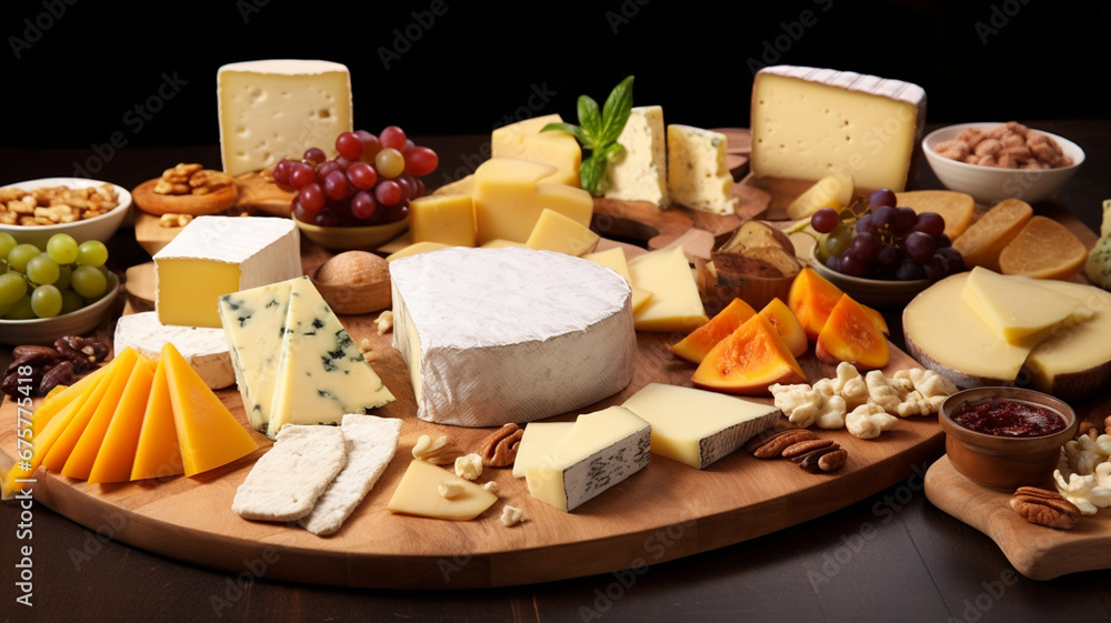 set of different cheeses on wooden background.