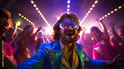 Happy man dancing on a disco themed costume party in a neon - lit discotheque