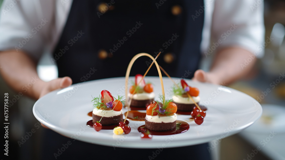 Luxury food service, appetizers, and desserts.