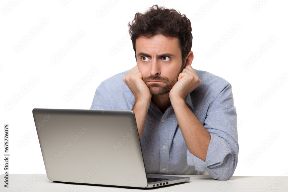 Male businessman sits stressed and has a headache In the workplace, sitting and working on a computer or laptop on a white background.