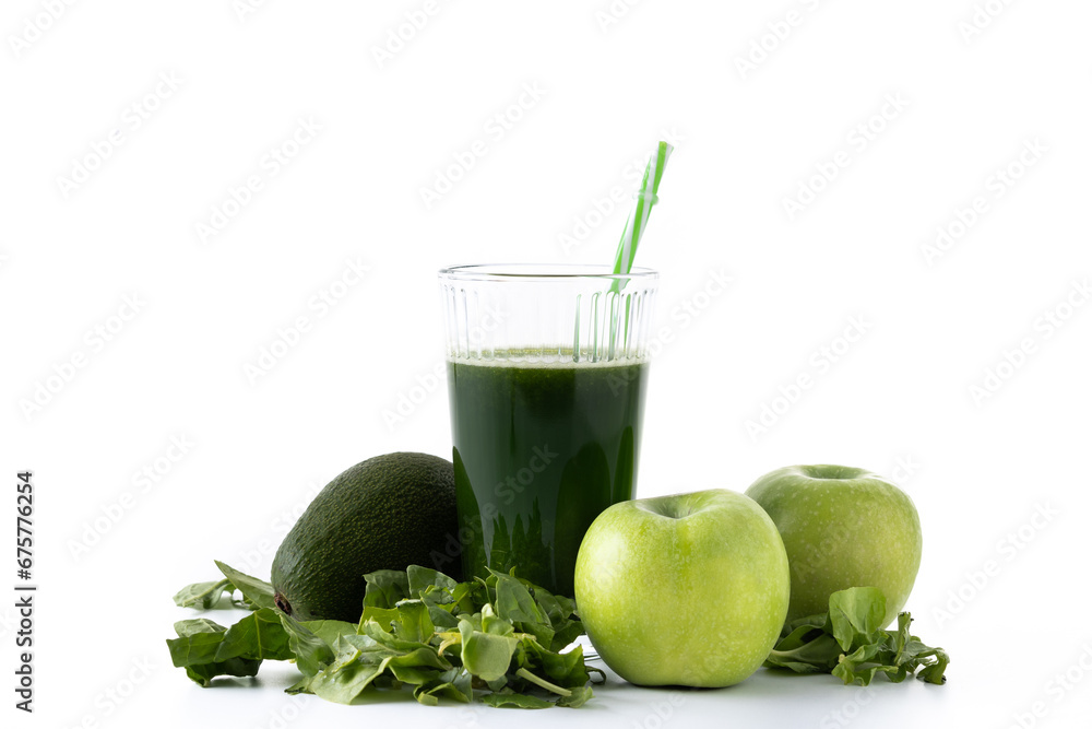 Green smoothie detox with Kale, avocado and apples isolated on white background Green smoothie detox with Kale, avocado and apples isolated on white background