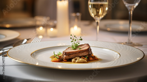 Luxury food service main course served at a restaurant photo