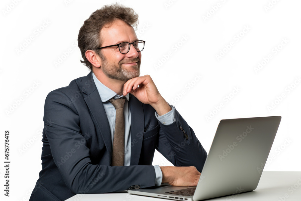A happy businessman in the office sits and works on a computer or laptop on a white background. A happy businessman in the office sits and works on a computer or laptop on a white background.