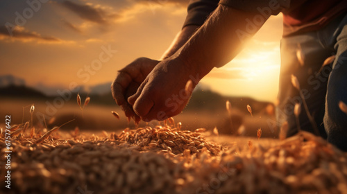 夕暮れ時、穀物を注ぐ男性農夫の懸命な手。農地の収穫期GenerativeAI photo