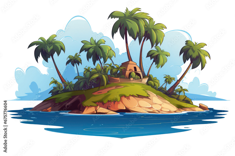 island with palms and rocks, isolated on transparent background, png file - obrazy, fototapety, plakaty 