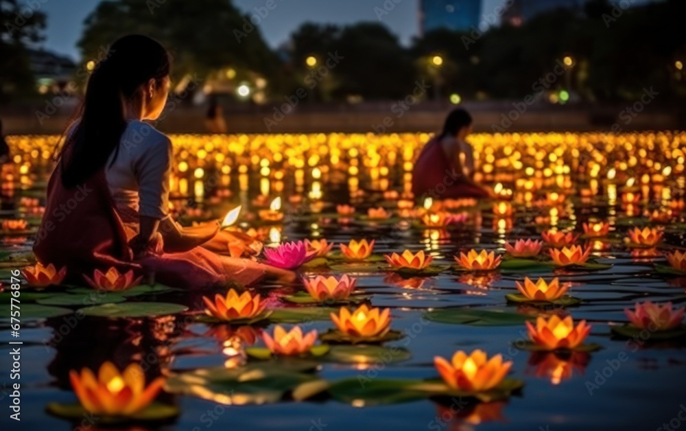 Loy Krathong festival in Thailand with people and candle at river. AI Generative
