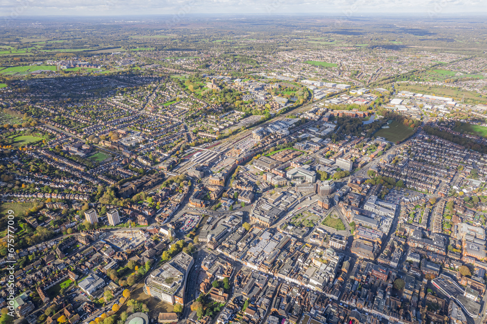 amazing aerial view of the downtown center and railway station of Guildford, Famous town near london, England, autumn daytime
