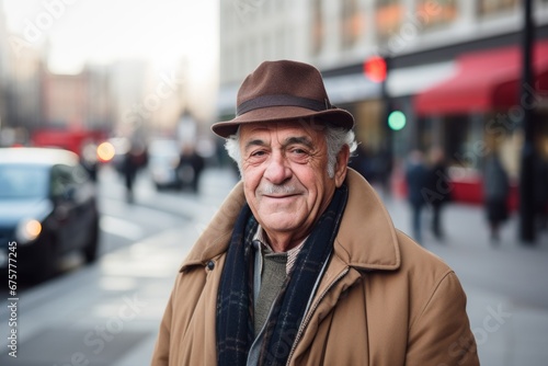 Portrait of an elderly man in a hat on the street. © Nerea