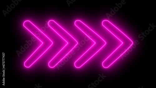 Abstract right neon arrow pink color on black background. glowing neon arrow pointer isolated. Realistic glowing Bright neon arrow.